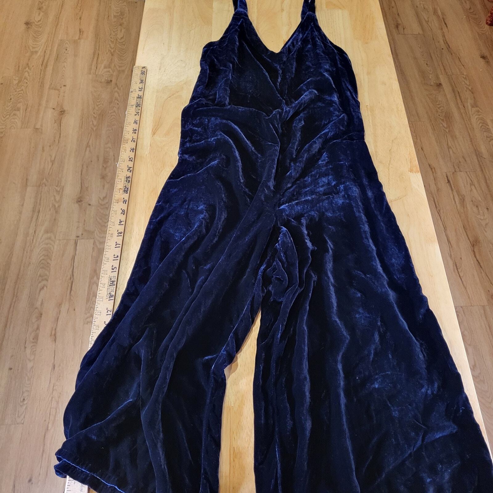 Lacausa Blue Velvet Sleeveless Wide Leg Jumpsuit XS 19" Rise Cropped