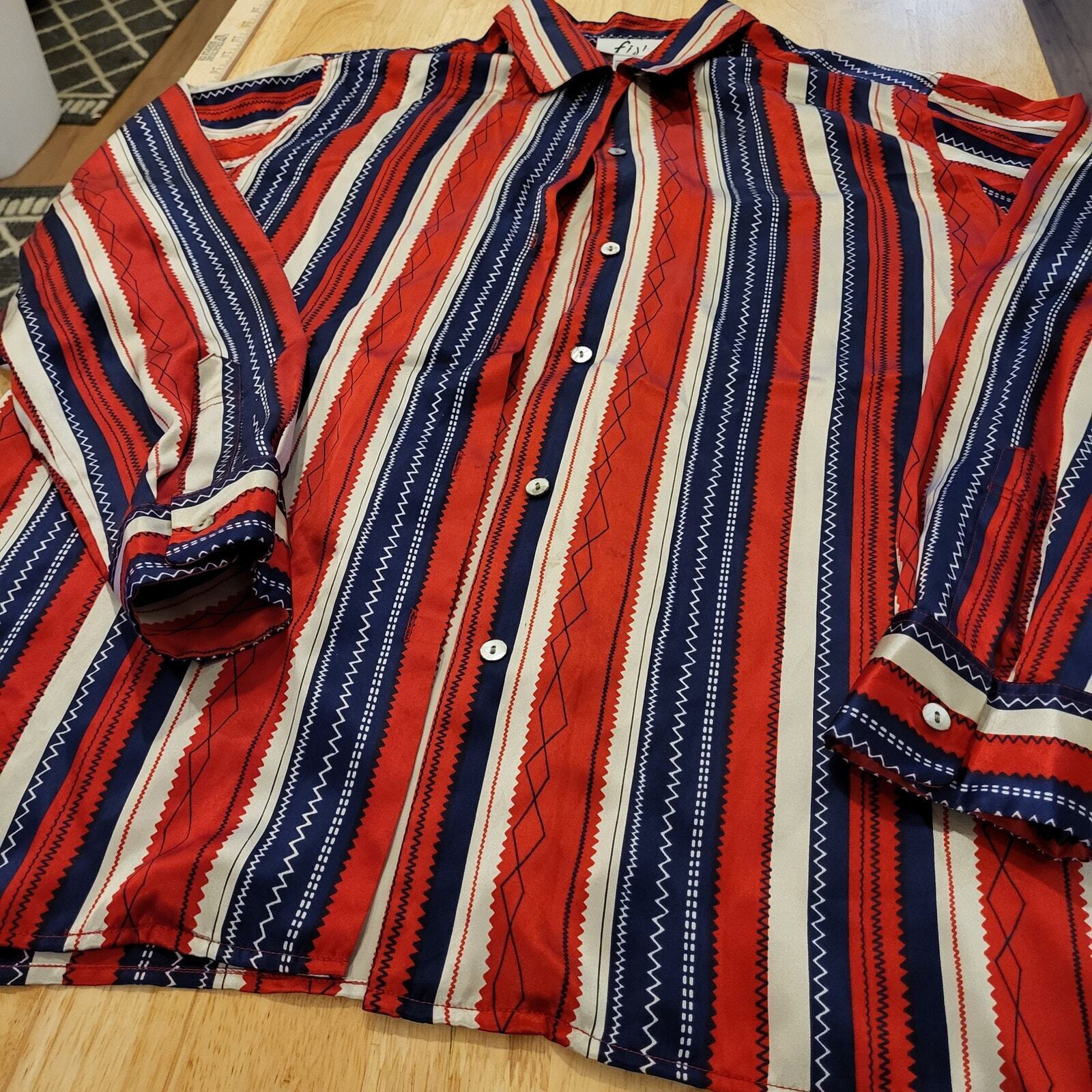 Fiji 100% Silk Collared Button Down Blouse Red White Blue Striped 