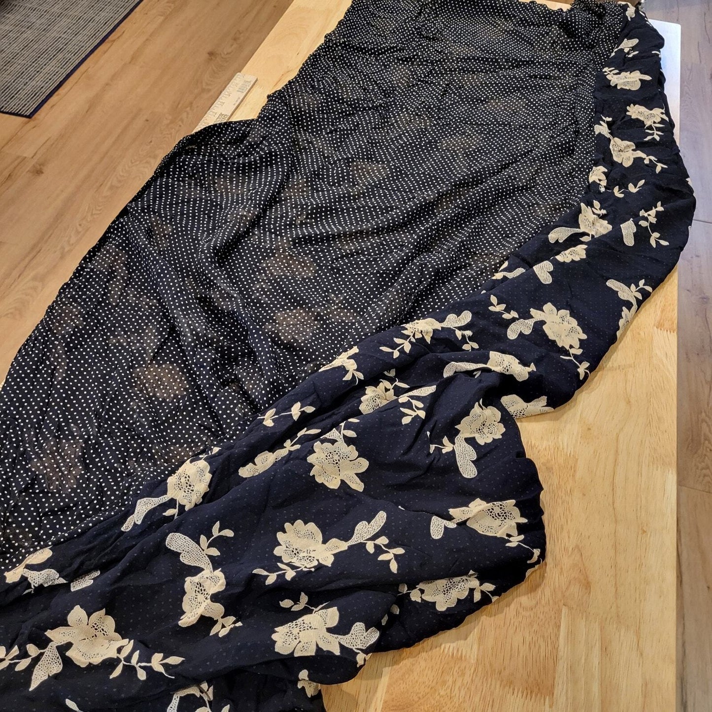 Beautiful Black Floral Silky Scarf White Floral Print 72" x 60" Polka Dots
