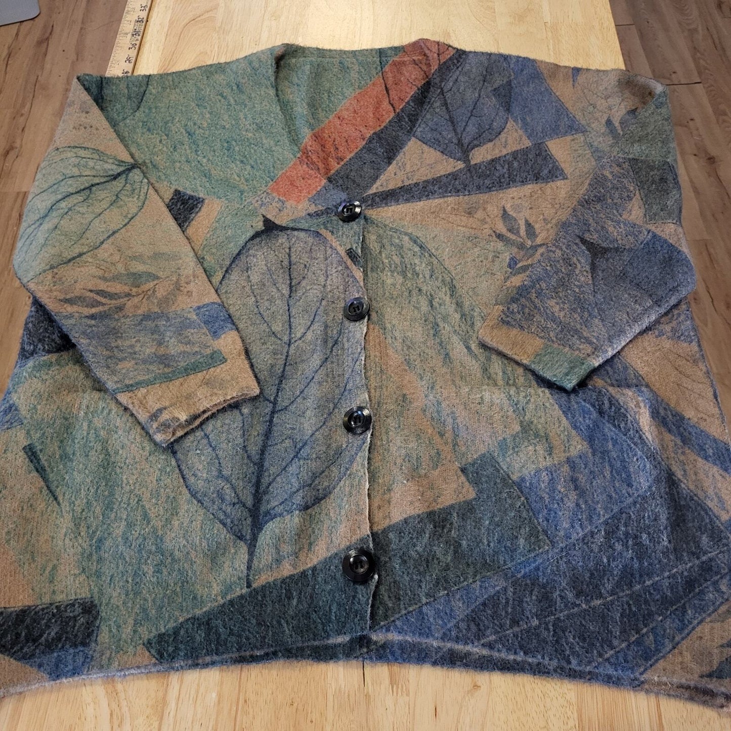 Wool & Cotton Blend Botanical Print Knit Cardigan Pockets 25" Pit 2 Pit