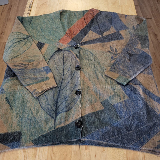 Wool & Cotton Blend Botanical Print Knit Cardigan Pockets 25" Pit 2 Pit