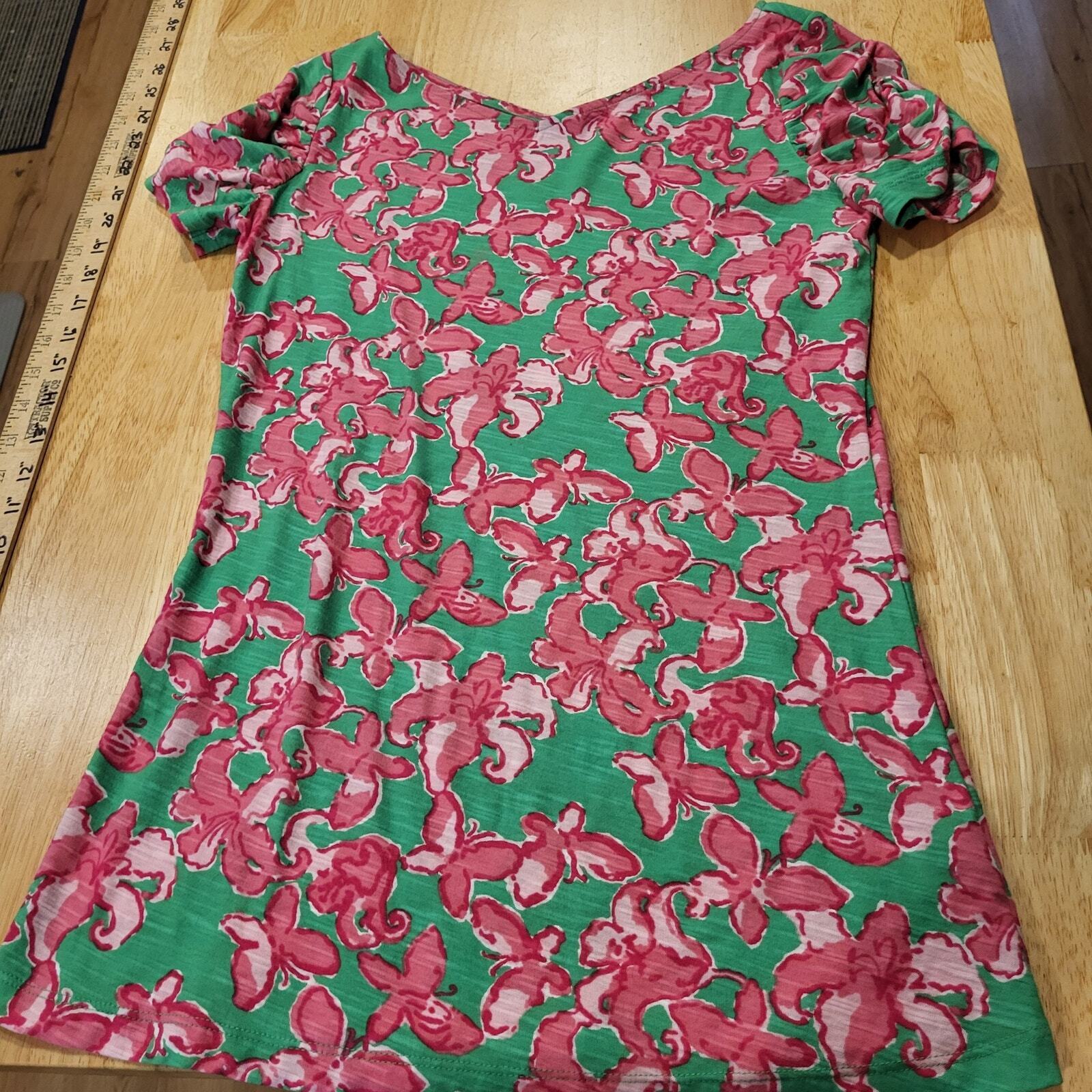 Lilly Pulitzer Floral Print Green & Pink 100% Cotton T-Shirt Small 100% Cotton