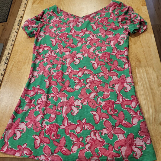 Lilly Pulitzer Floral Print Green & Pink 100% Cotton T-Shirt Small 100% Cotton