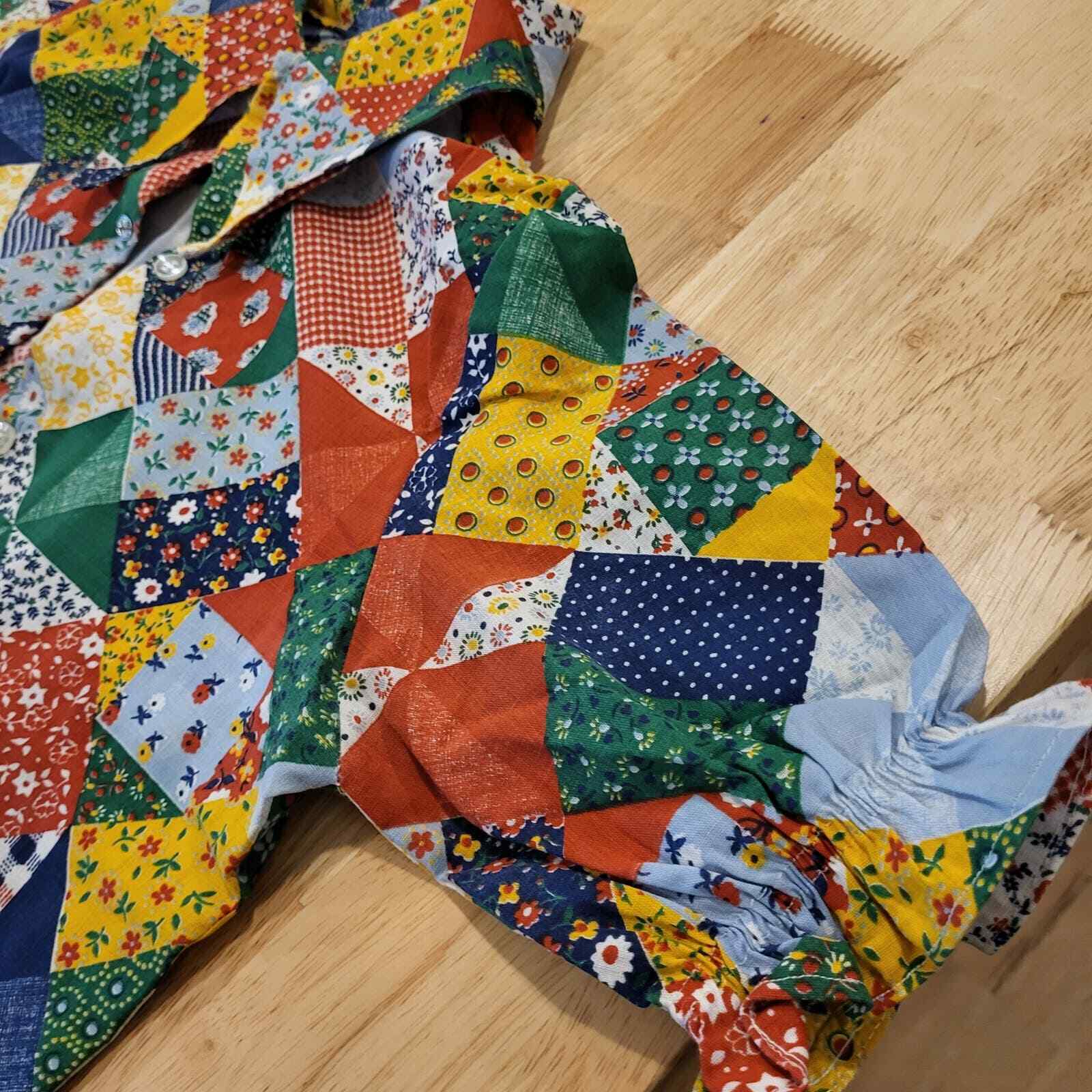Vintage cotton patchwork puff sleeve button front top small