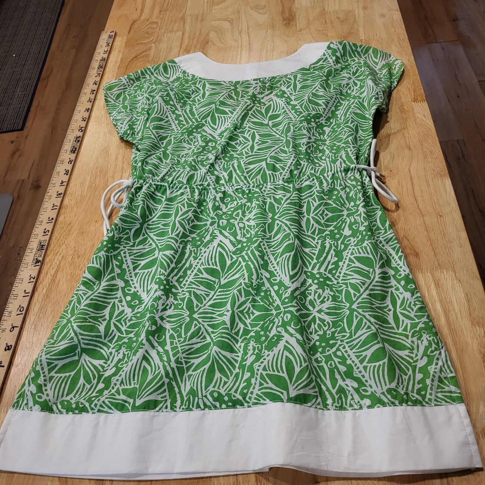 Lilly Pulitzer Green Botanical Print White Trim Baby Doll Top Cap Sleeve Trim XS