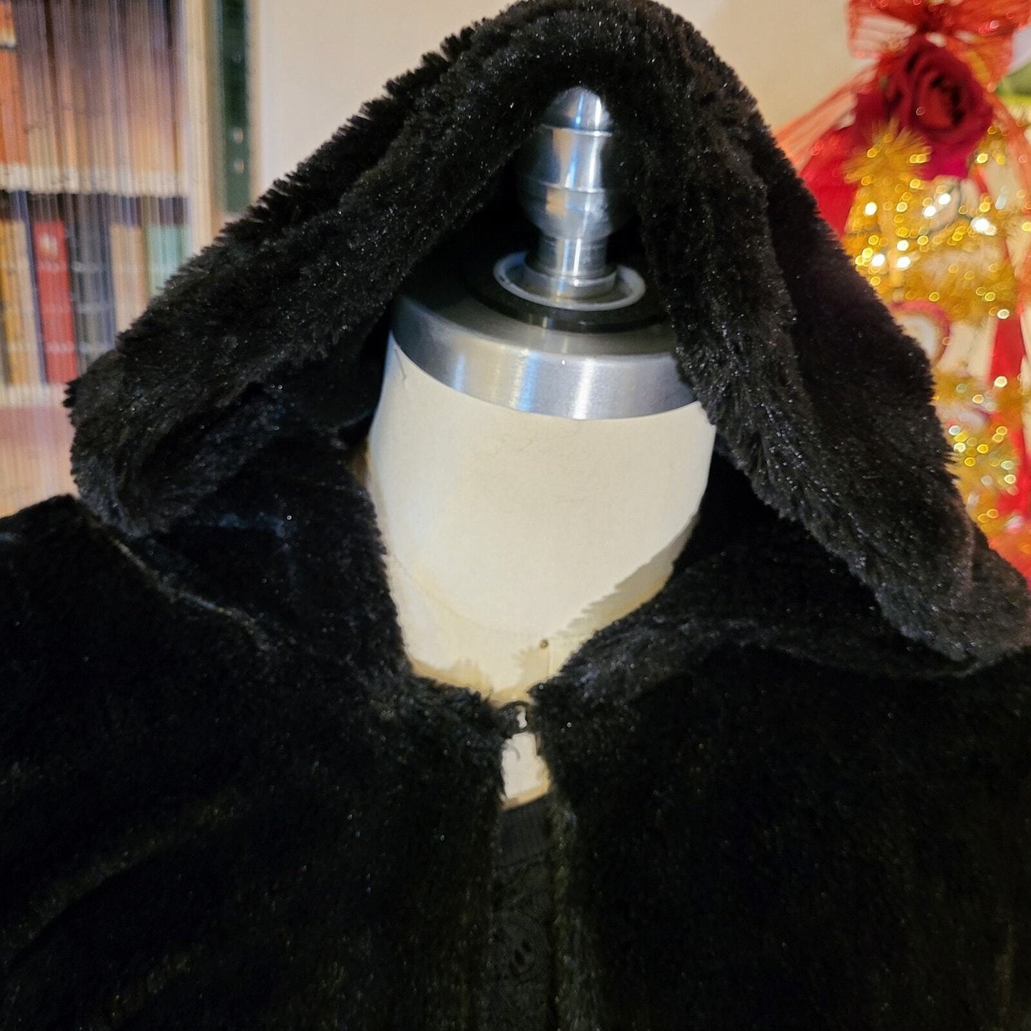 Black Faux Fur Soft Fussy Hooded Cape Formal Opera 