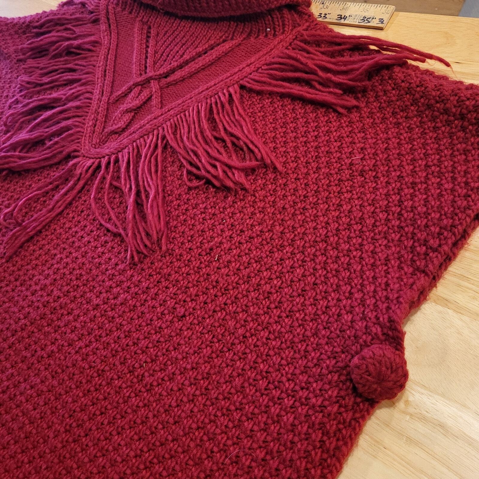 Vintage Burgundy Knit Turtle Neck Poncho Sweater 25" Long 33" Wide