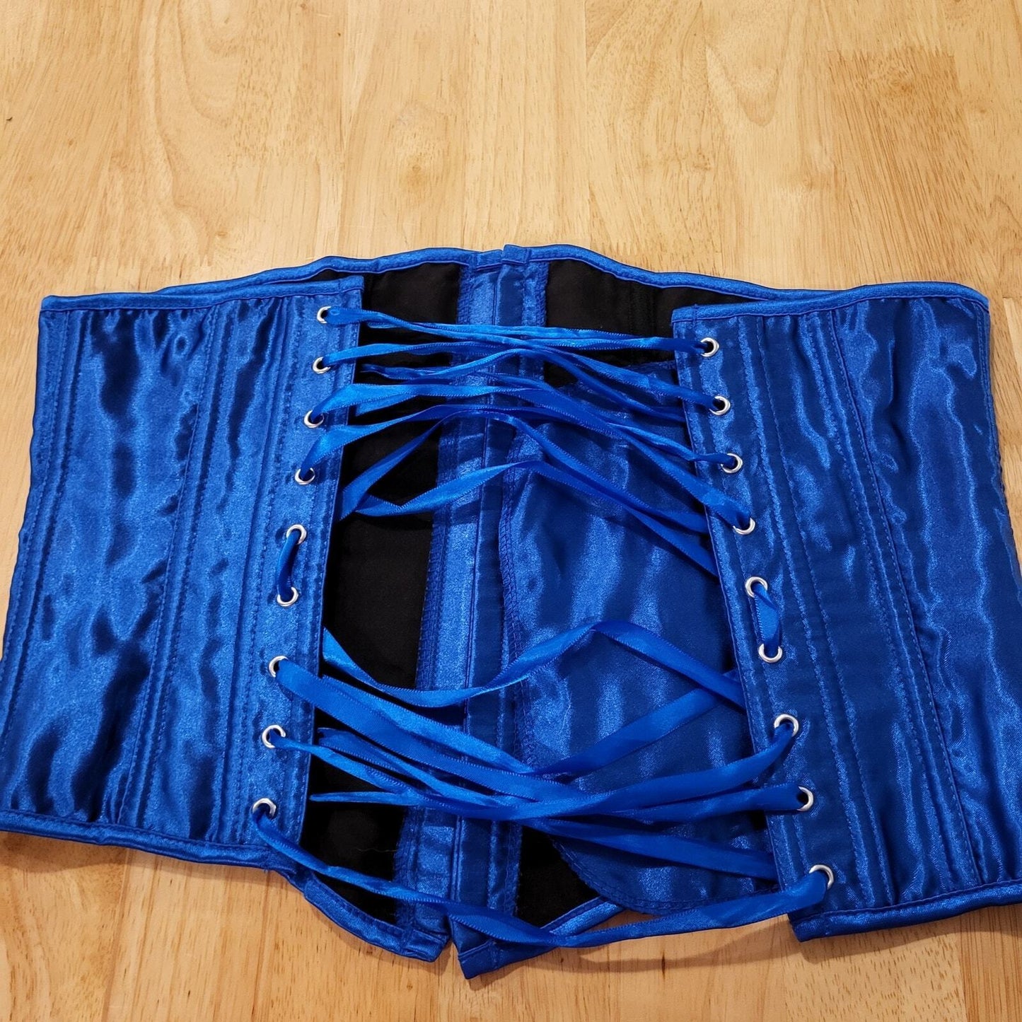 Size Medium Blue Satin Metal Busk Under Bust Corset Measurements in Photos. 