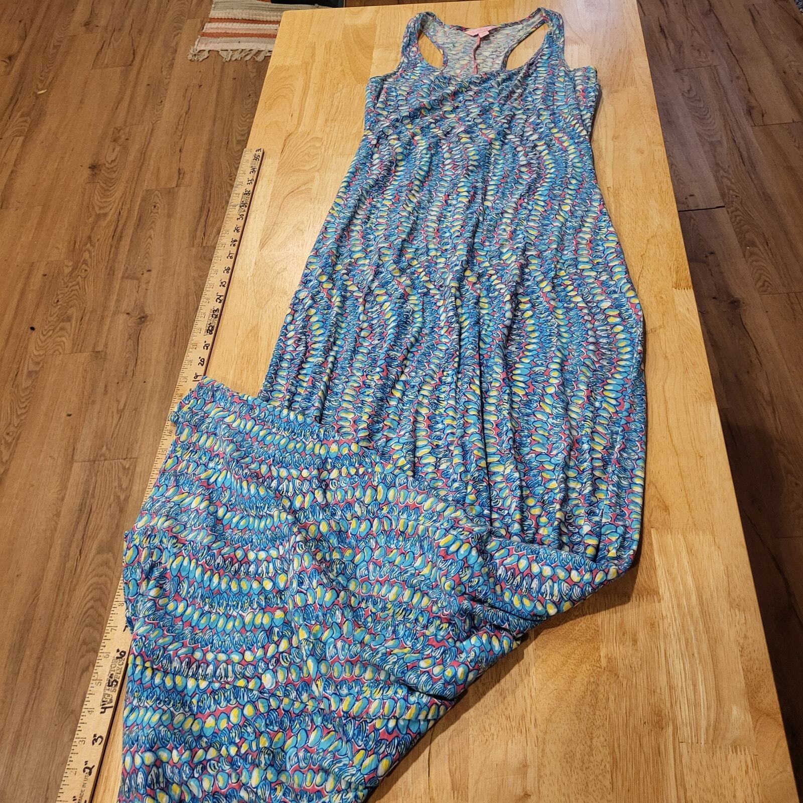 Lilly Pulitzer Muscle Print Blue Tank Maxi T-shirt Dress 60" Long 17" Pit 2 Pit