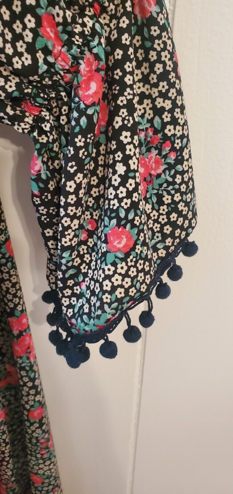 Floral dress Size Large Black & Pink Pom Pom Hem A-line Off The Shoulder Elastic