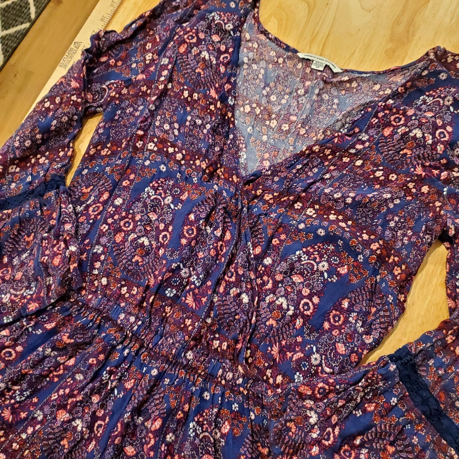 American Eagle Outfitters Purple Floral Long Bell Sleeve Romper Short Small 