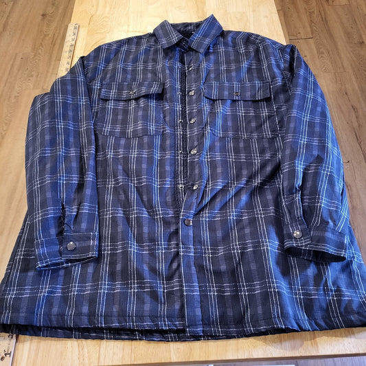Blue Plaid Nylon Snap Button Collared Coat Fleece Lined Pockets 23" p2p 28" L