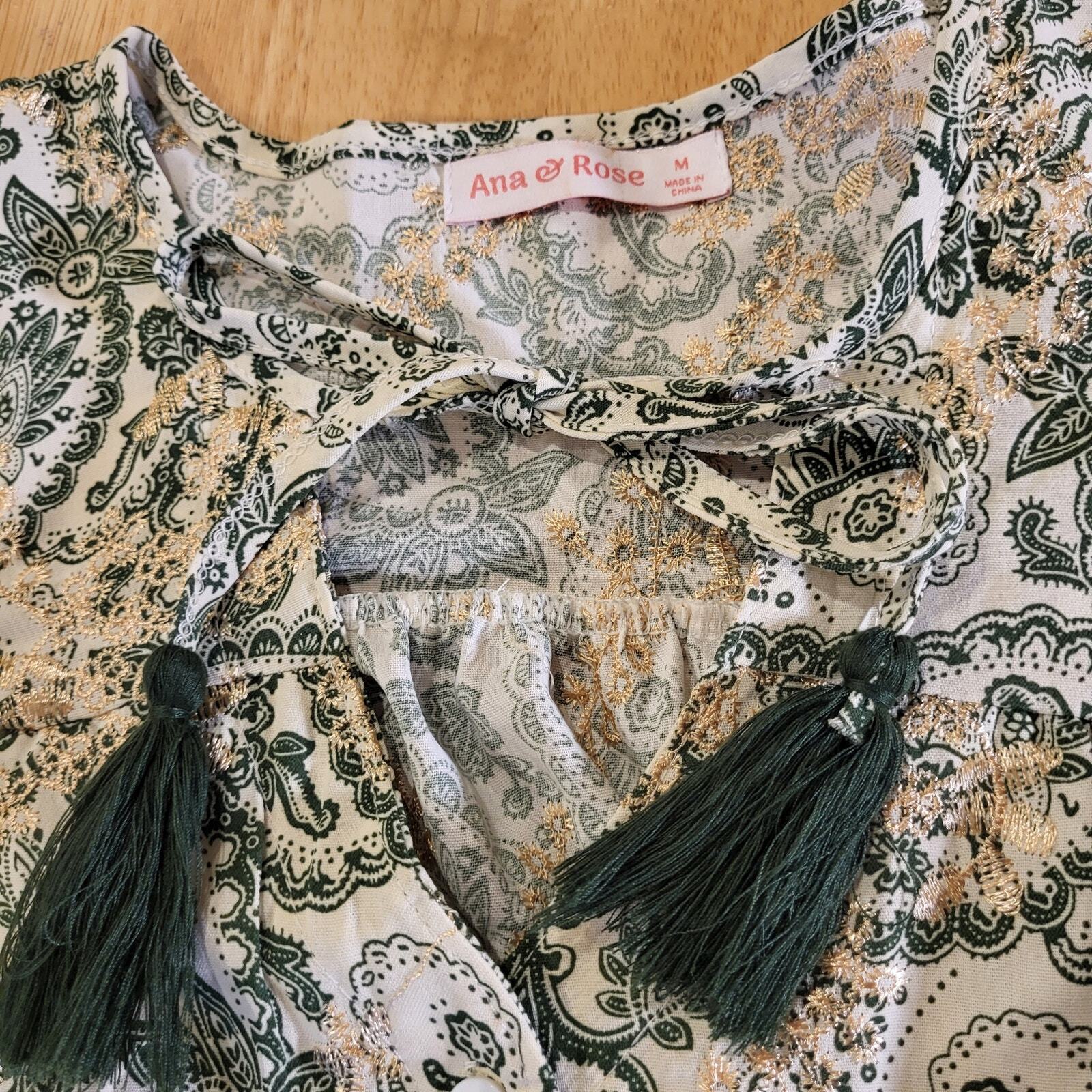 Paisley Green & Cream Ballon Sleeve Blouse All Over Embroidery medium Tassel Tie