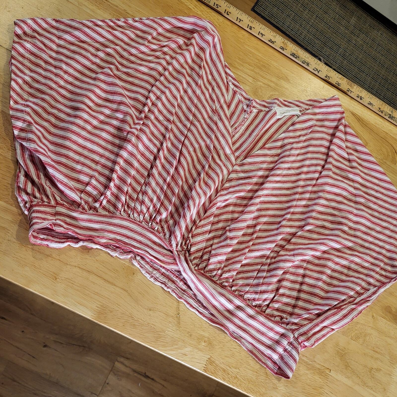 Red & White Striped Mustard Seed Soft Blouse V Neck Short Sleeve
