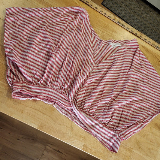 Red & White Striped Mustard Seed Soft Blouse V Neck Short Sleeve