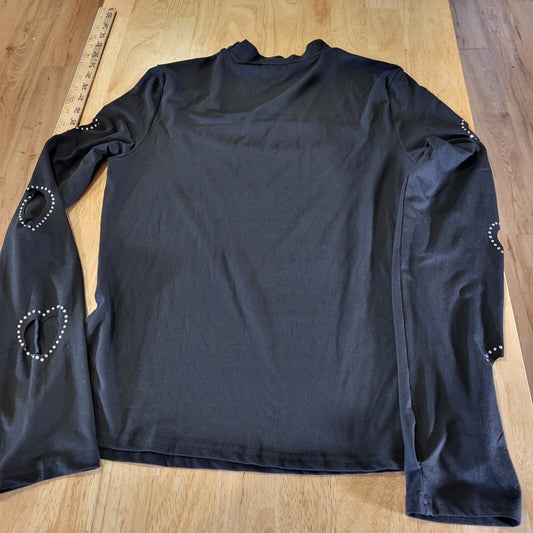 Black Knit Long Sleeve Heart Rhinestone & Back Cutout Thumb Hole mock collar sm