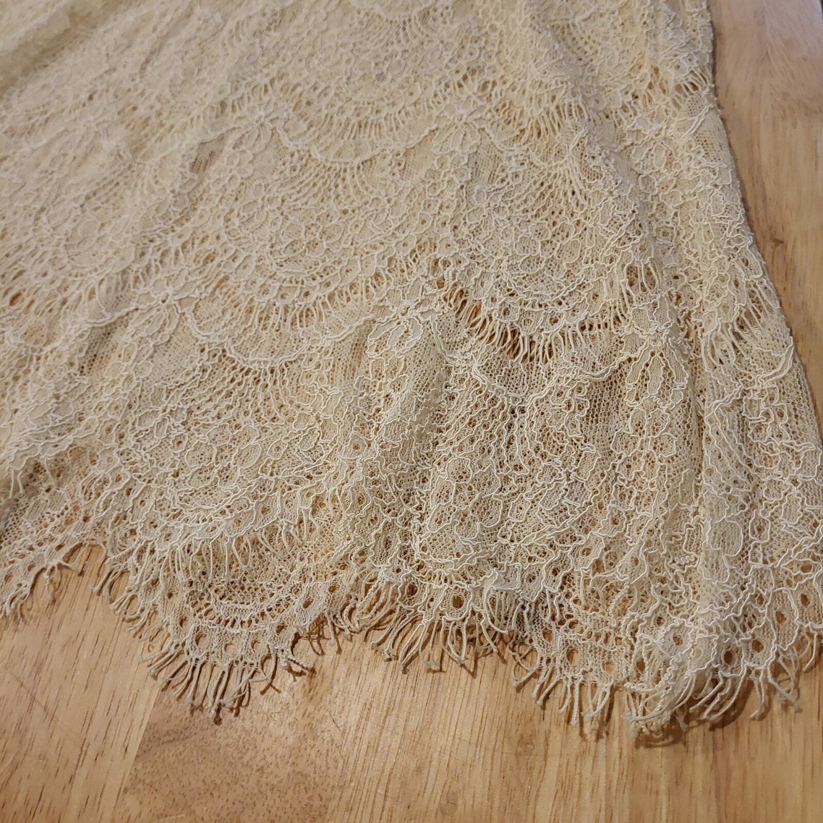 Cream sheer sleeveless lace dress  17" P2P Keyhole 36" Long Fishscale Pattern