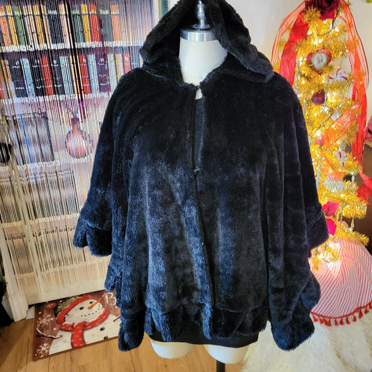 Black Faux Fur Soft Fussy Hooded Cape Formal Opera 