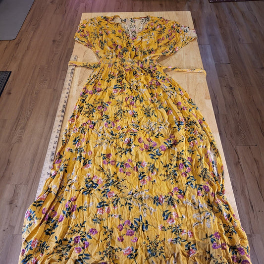 Yellow Floral V Neck Flow Flutter Sleeve 12"-22" Waist Tie Maxi Dress