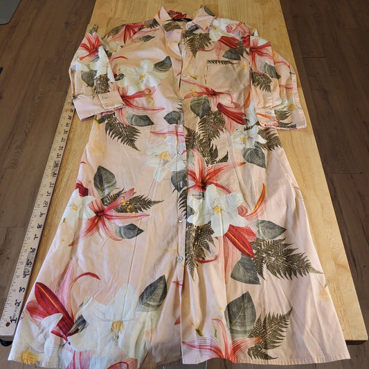 Zara Woman Pink Floral Tropical Shirt Dress Collared Button Belt Loop Small 