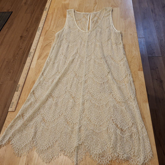Cream sheer sleeveless lace dress  17" P2P Keyhole 36" Long Fishscale Pattern