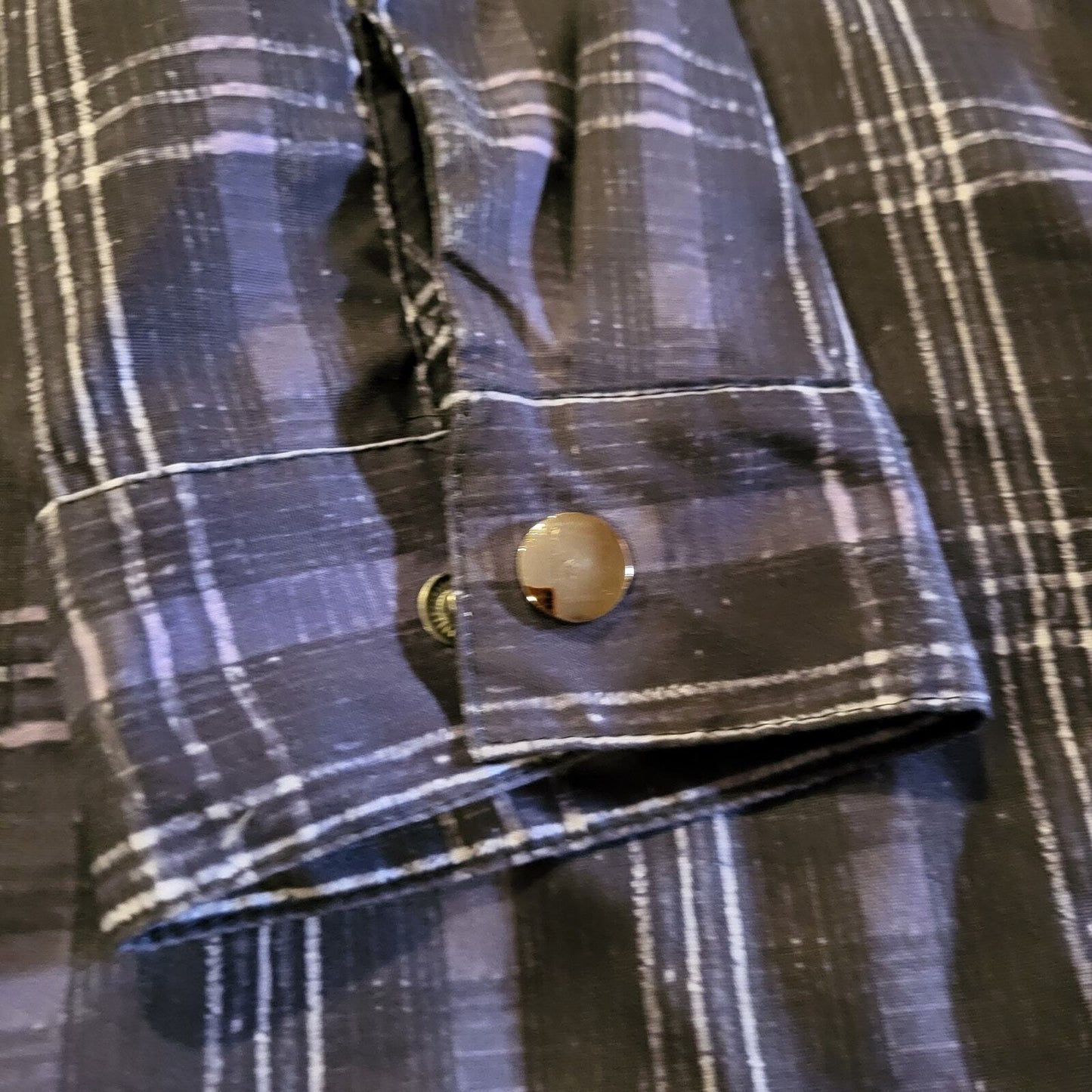 Blue Plaid Nylon Snap Button Collared Coat Fleece Lined Pockets 23" p2p 28" L