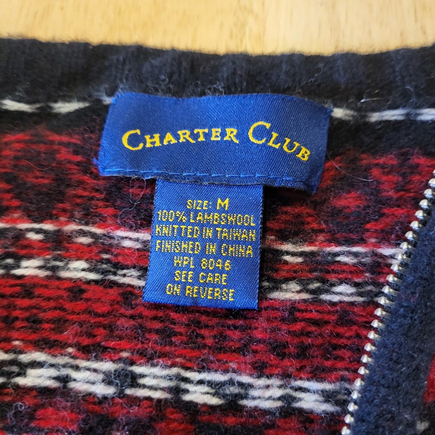 Charter Club 100% Lambs Wool Size Medium Fair Isles Zip Knit Cardigan Red White 