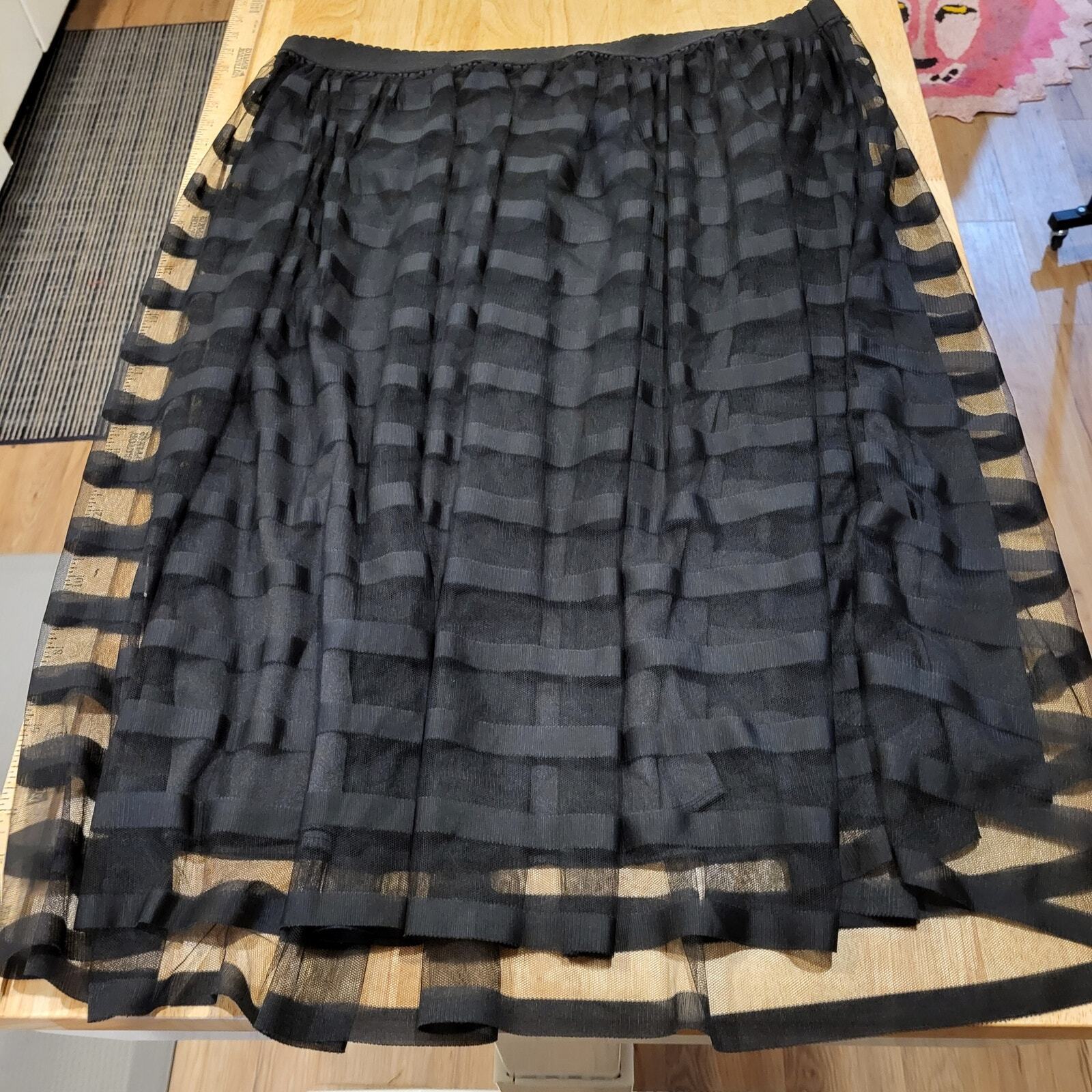 Black ribbon mesh elastic waist A-line skirt 2x lined goth 38" Waist