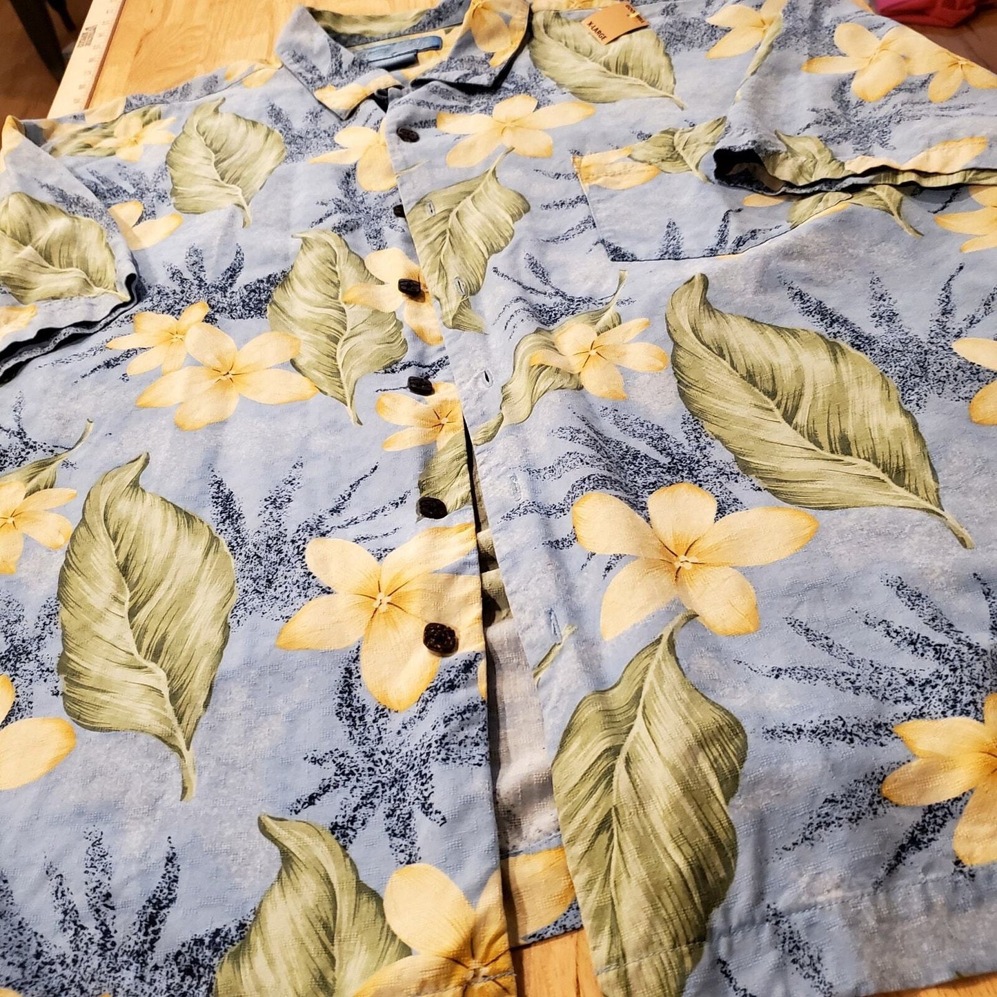 Bermuda Bay 100% Silk XXL Hawaiian Print Button Down Yellow Blue Floral 