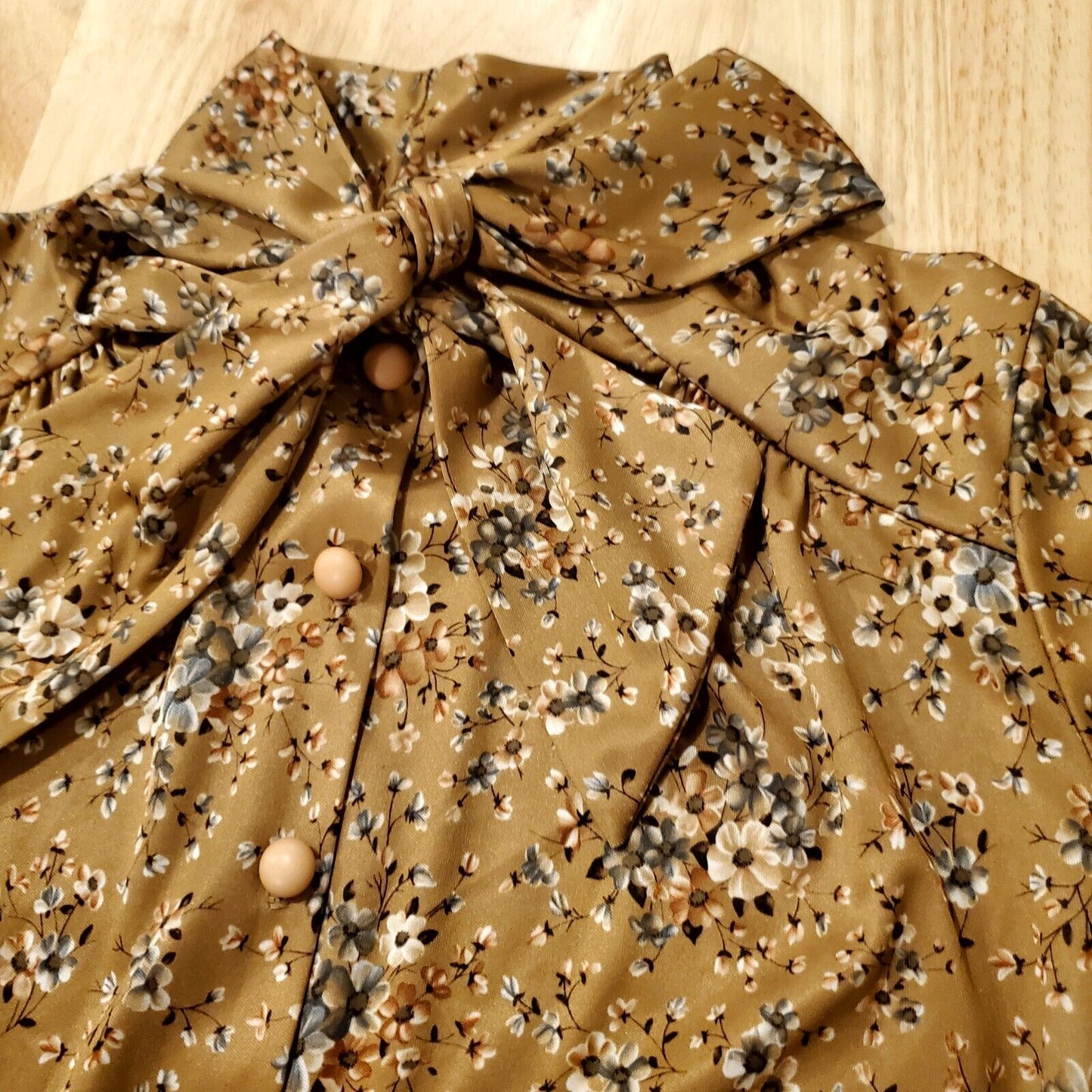 Vintage Polyester Khaki Prairie Shirt Dress Button Front Tie Collar 9/10