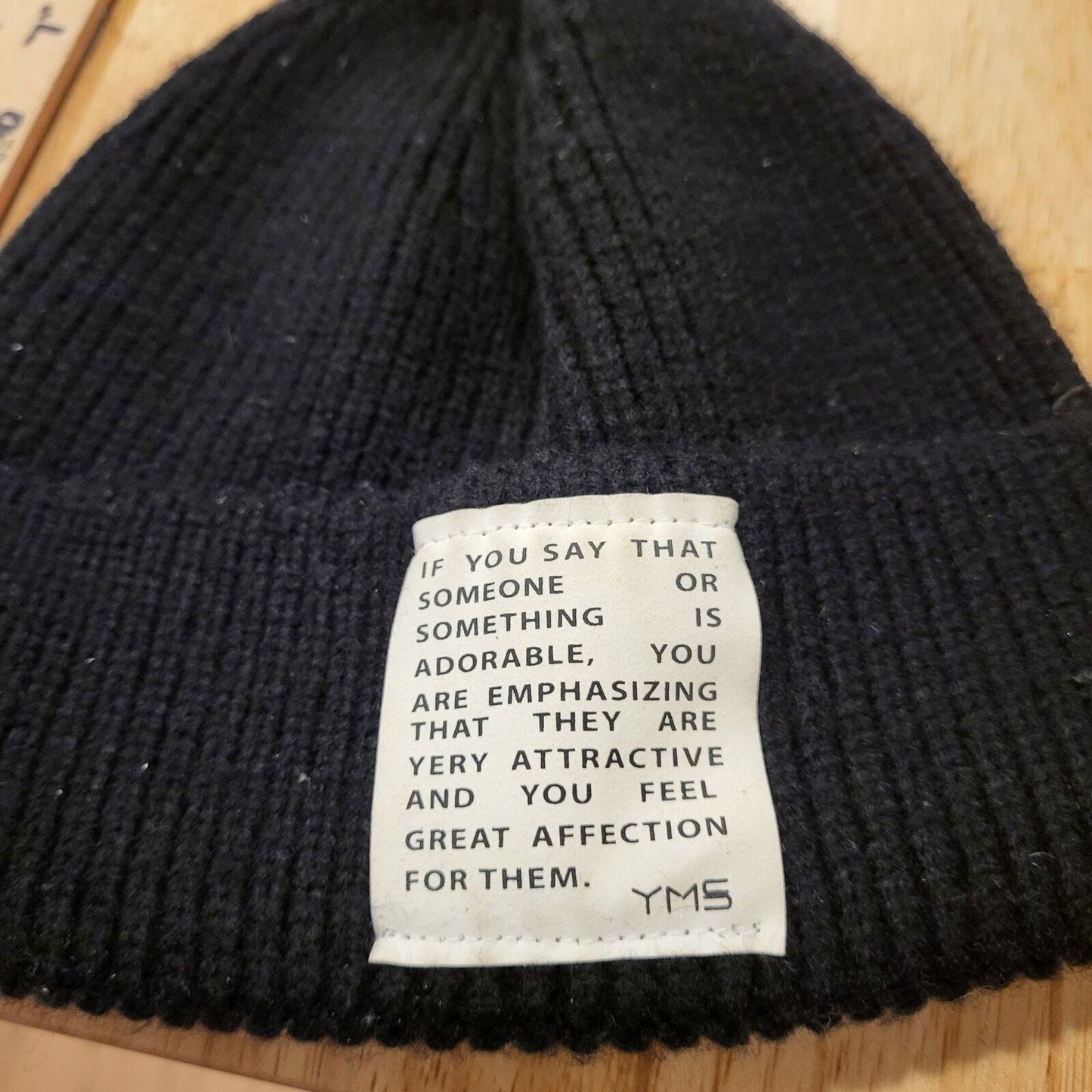 YMS Black Beanie White Patch Quote fold over Ribbed Knit