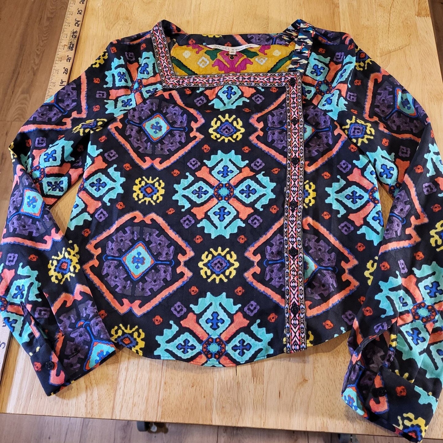 Colorful African Print Unique Front Button Yellow Blue Purple xs 16" P2P