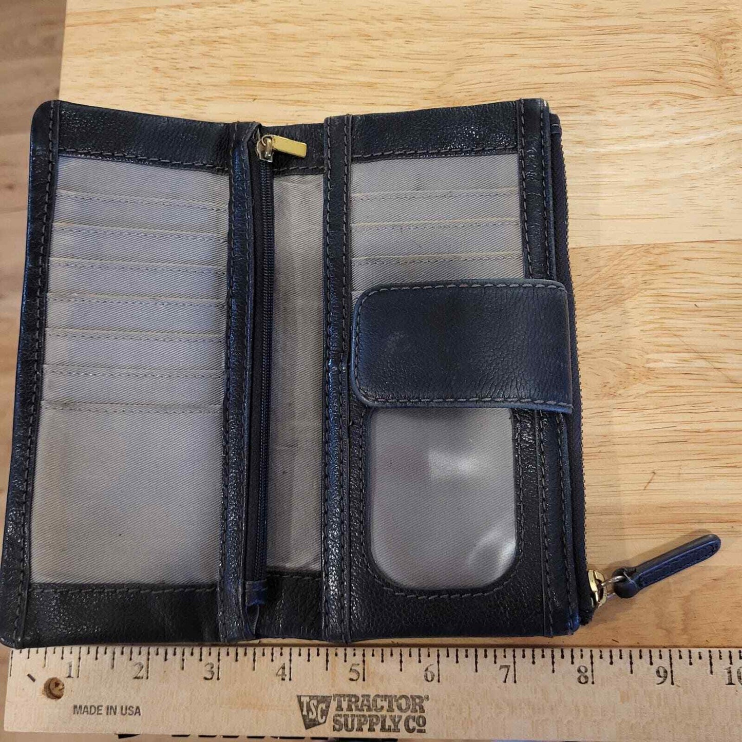 Black Leather Fossil Wallet 9" Snap Closure Zip Pocket