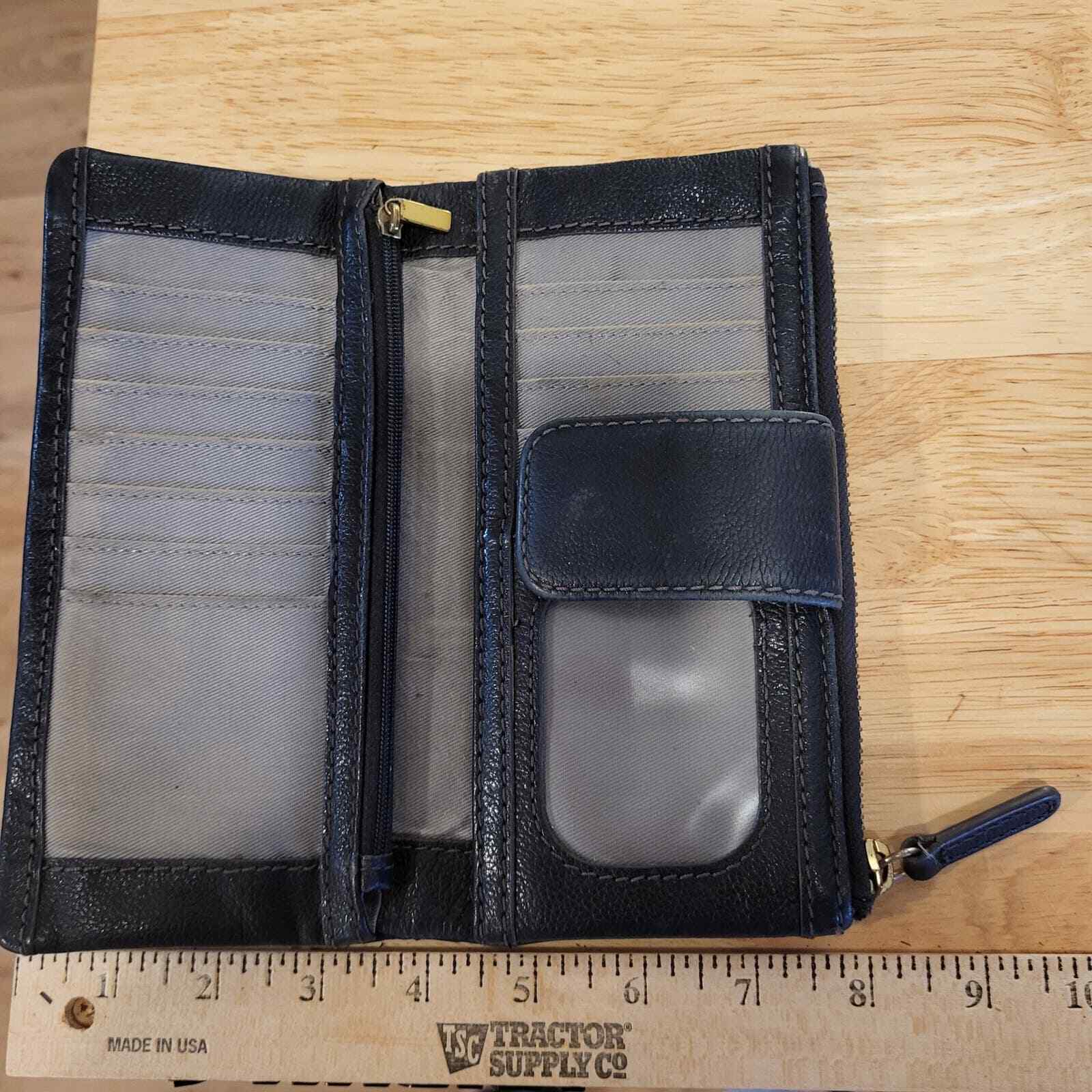 Black Leather Fossil Wallet 9" Snap Closure Zip Pocket
