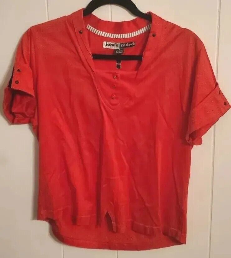 Jamie Sadock Golf Shirt Medium Red Short Sleeve Collar Detail Cuff Embellishment