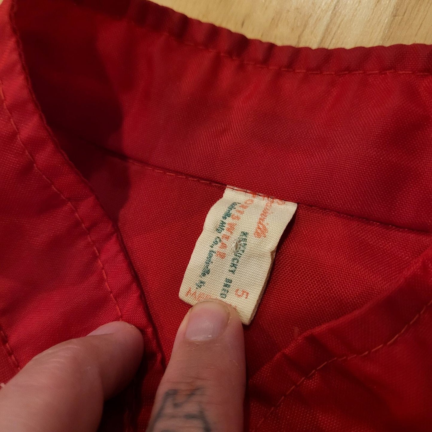 Red Nylon Vintage Jacket Zip 22" Pit to Pit Stripe Melroe Bobcat