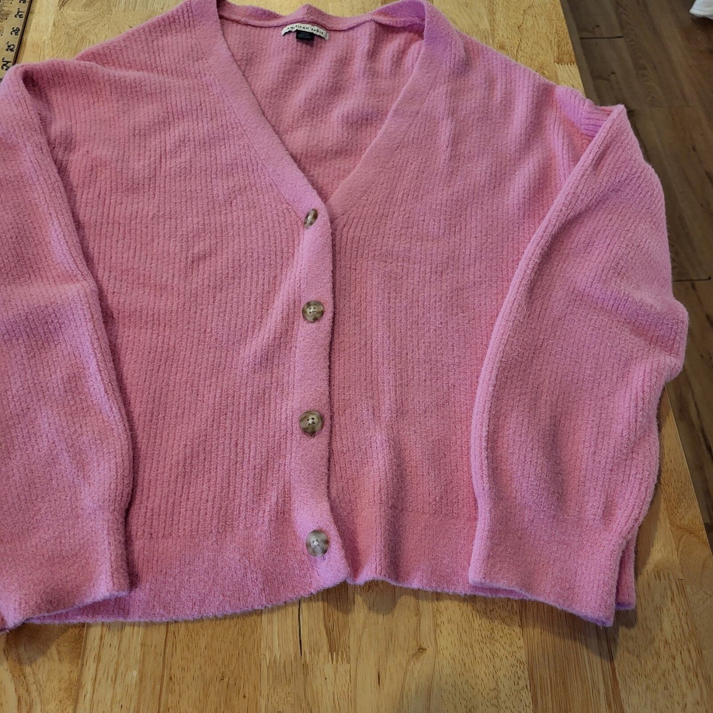 American Eagle Pink Nylon Cardigan Buttons Small 22" Pit To Pit Long Sleeve 
