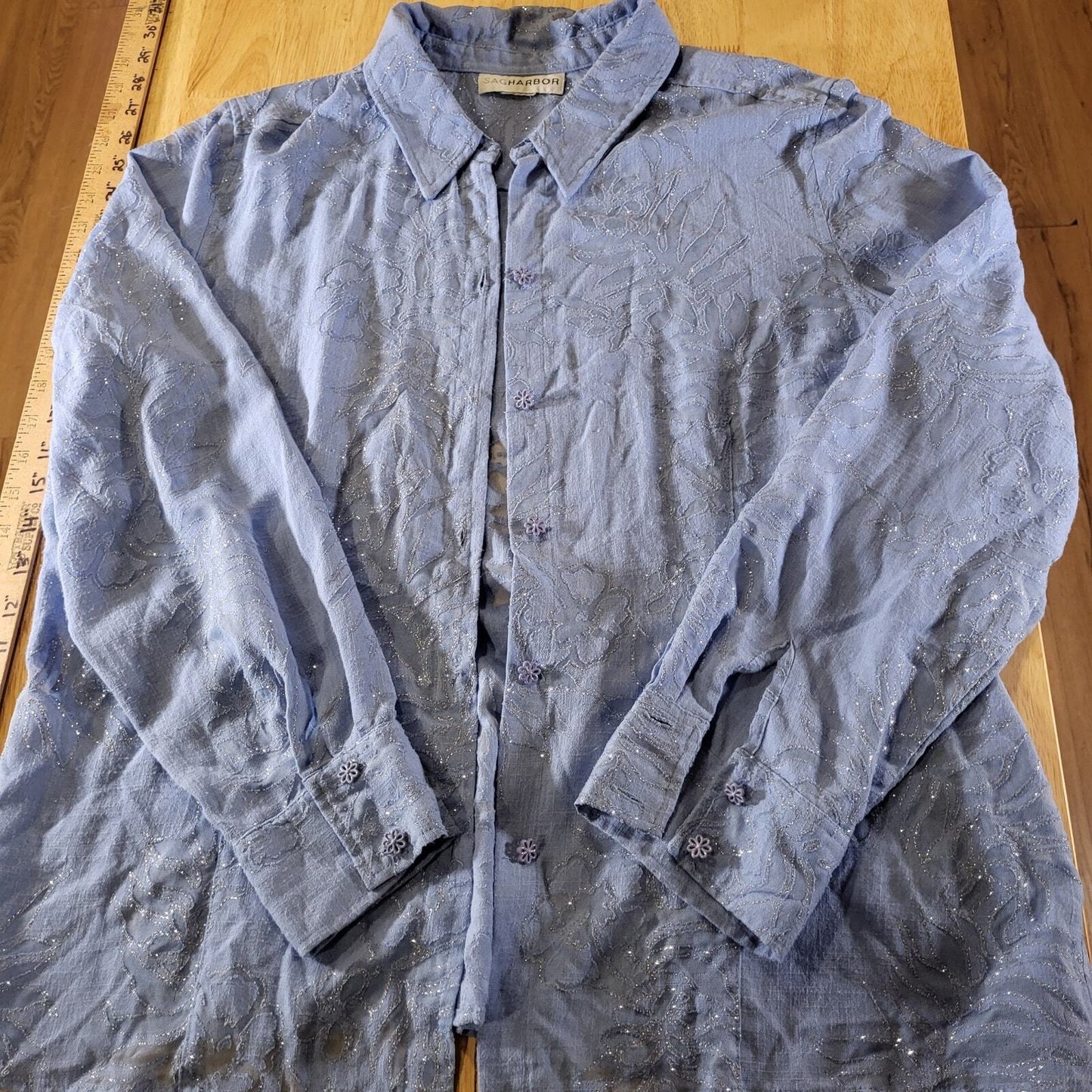 Sag Harbor Blue Metallic Burnout Flor Button Collard Sheer 23" P2P 24" Long 