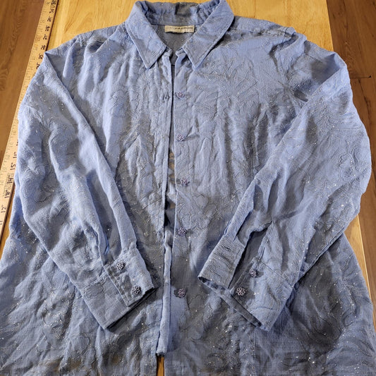 Sag Harbor Blue Metallic Burnout Flor Button Collard Sheer 23" P2P 24" Long 