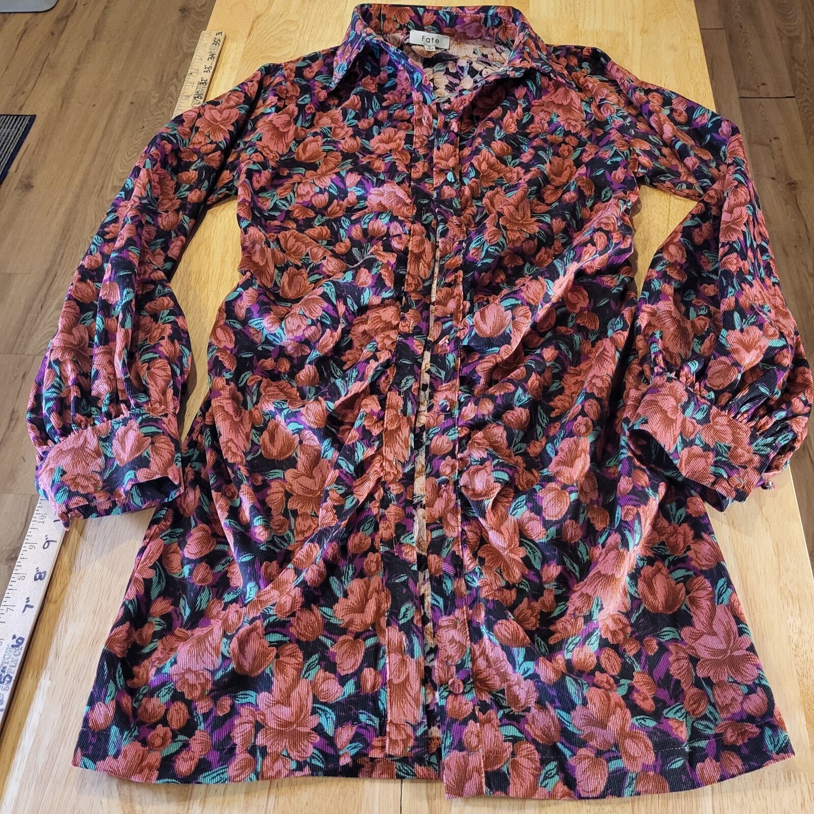 Fate Size Small Floral Pink Corduroy Collard Shirt Dress Gathered Button Down