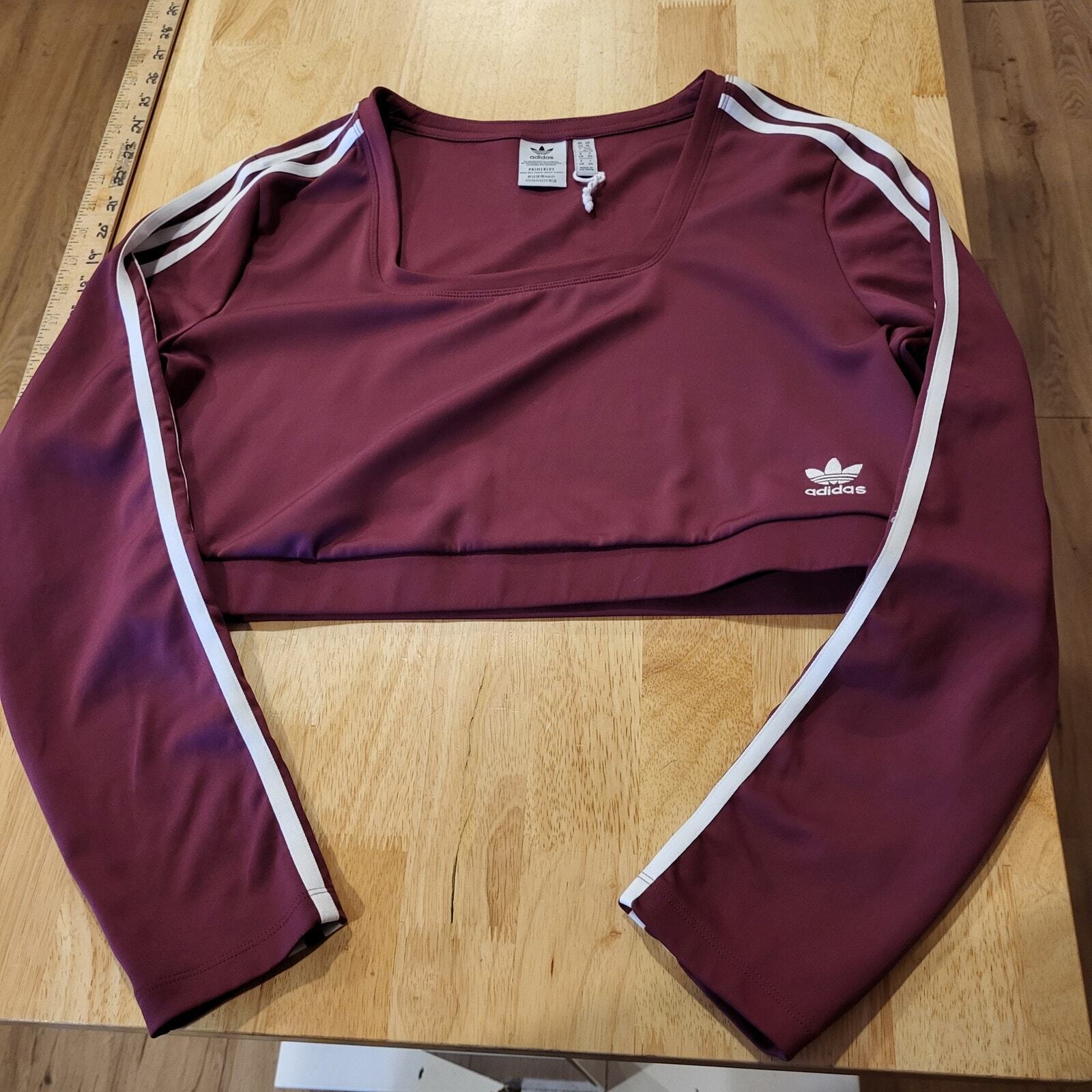 Adidas Originals Maroon Burgandy Long Sleeve Cropped Top Arm Stripe Stretch XL