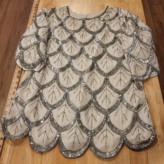 Vintage silk sequin fishtail Short Sleeve Scalloped sleeve Blouse 80's