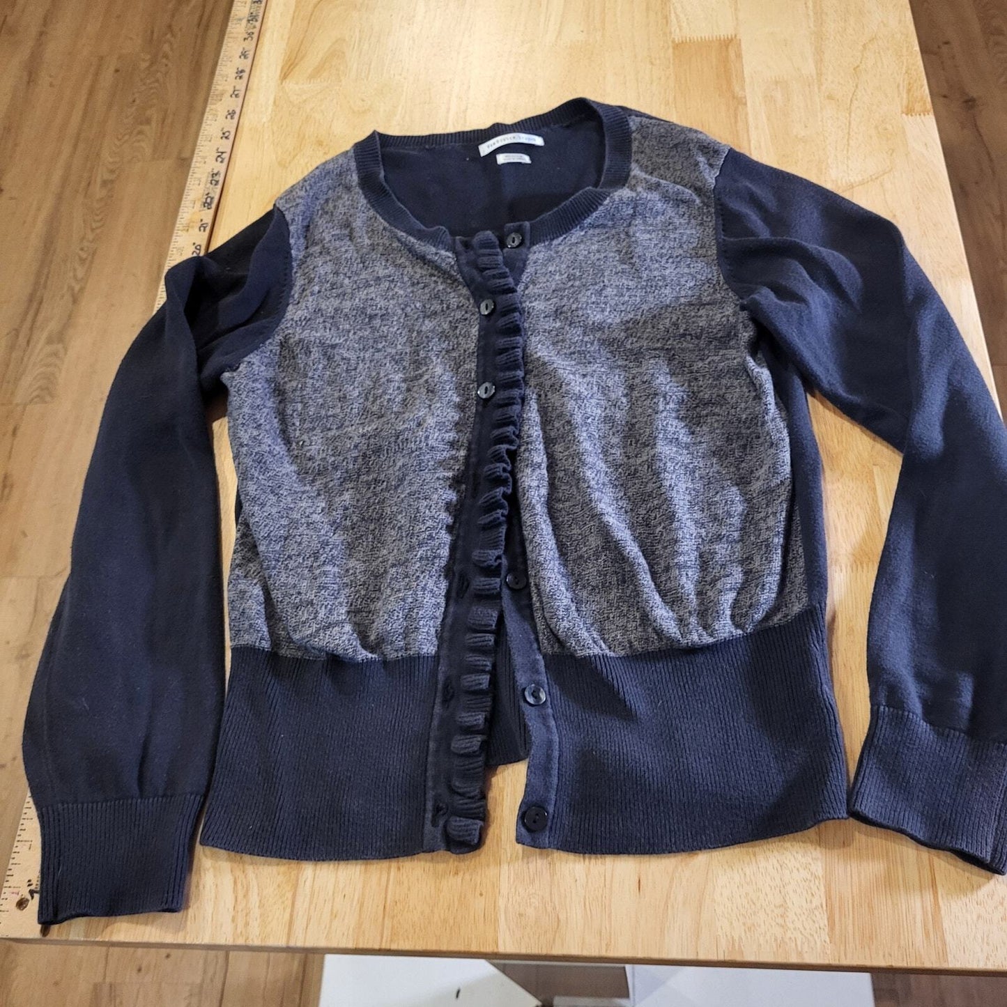Van Heusen Studio 100% Cotton Button Cardigan Ruffle Detail Medium blue & gray