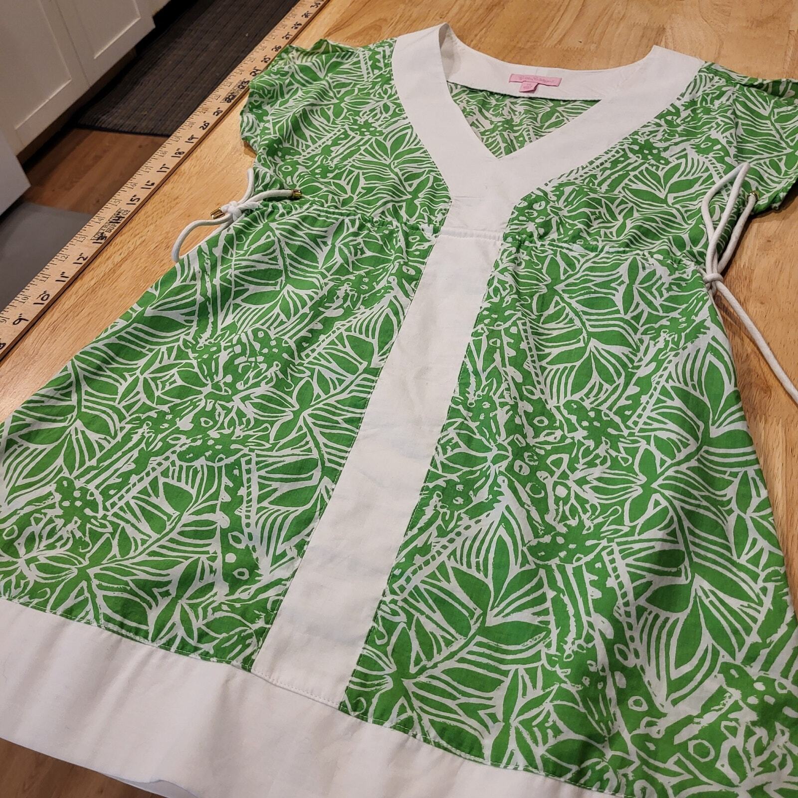 Lilly Pulitzer Green Botanical Print White Trim Baby Doll Top Cap Sleeve Trim XS