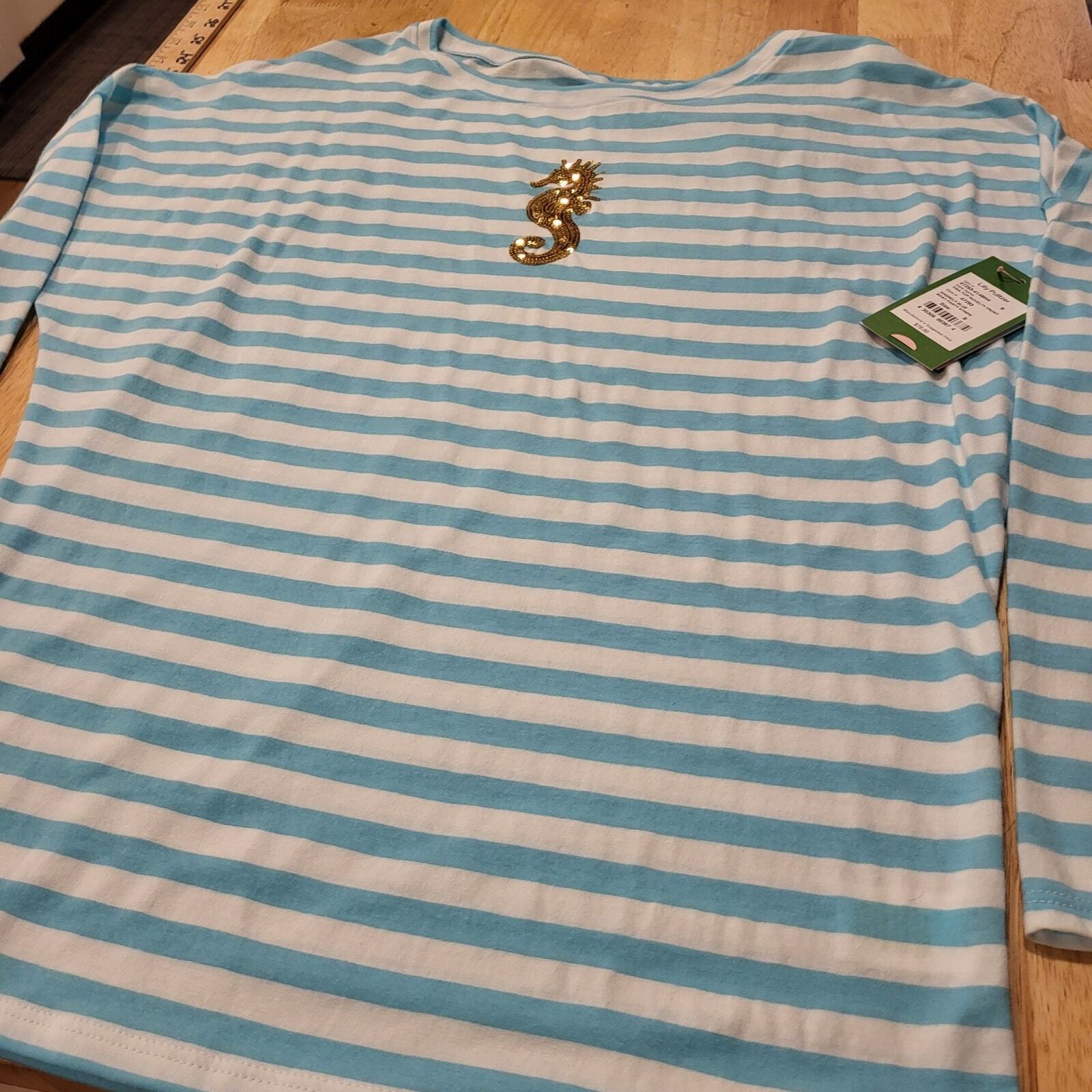 NWT Lily Pulitzer  blue white striped seahorse gold sequin embellishment 