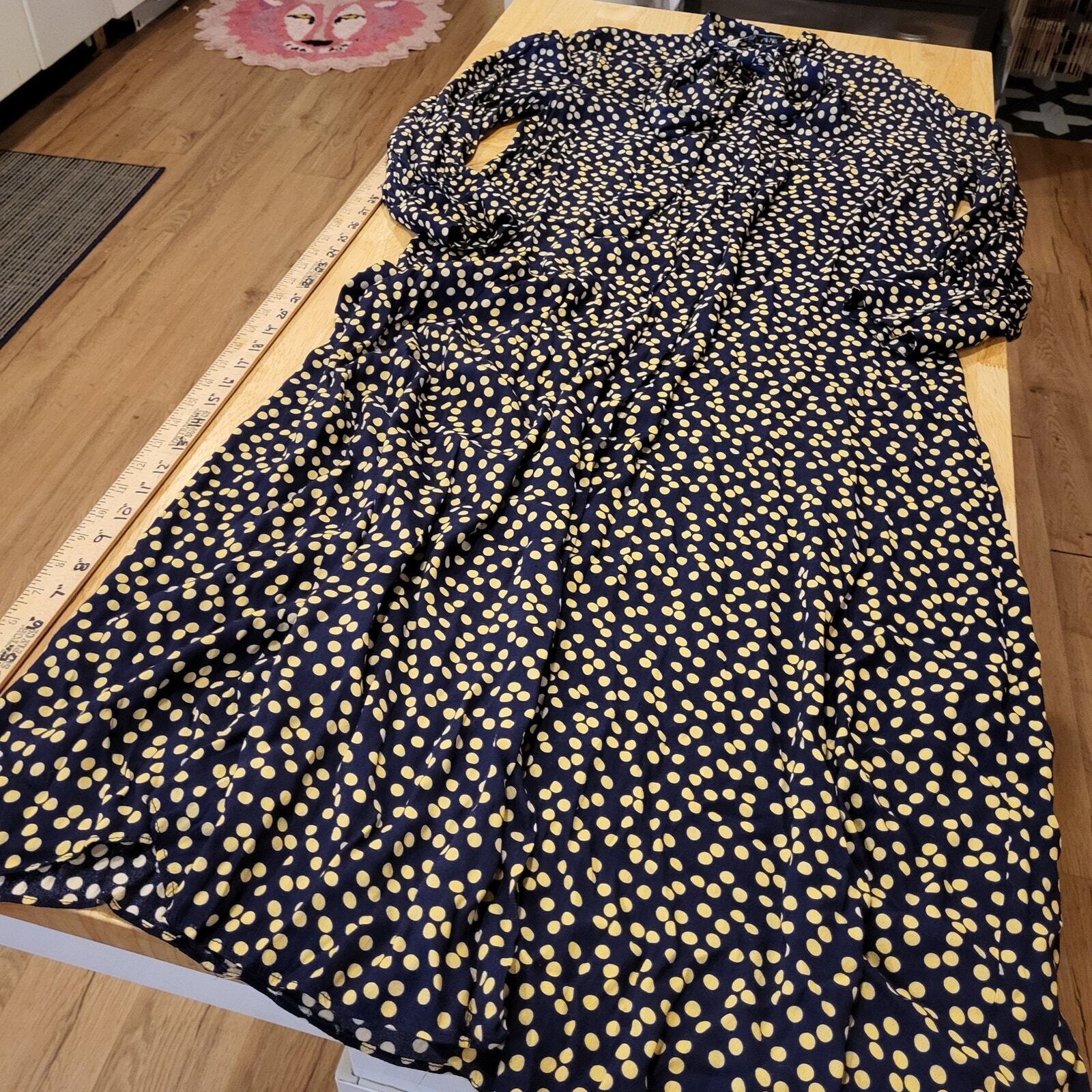 Zara Long Blue & Yellow Polka Dot Button Maxi Shirt Dress Tie Collar Large Nylon