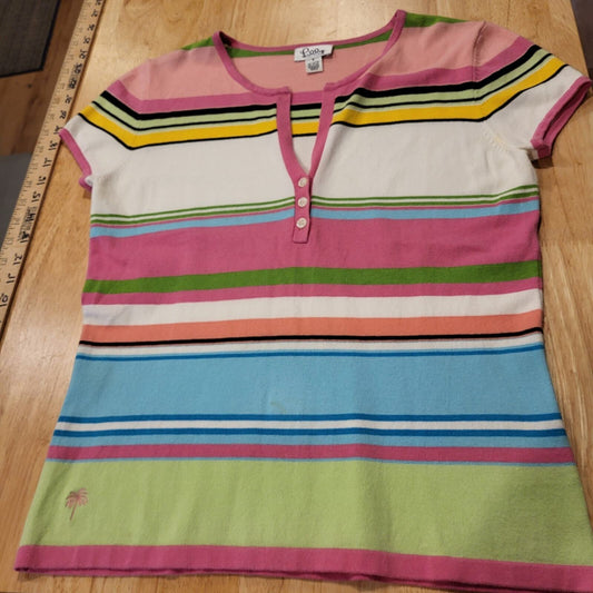 Lilly Pulitzer Pink Green Blue Stripe Knit Cap Sleeve Small Top 18" P2P Button