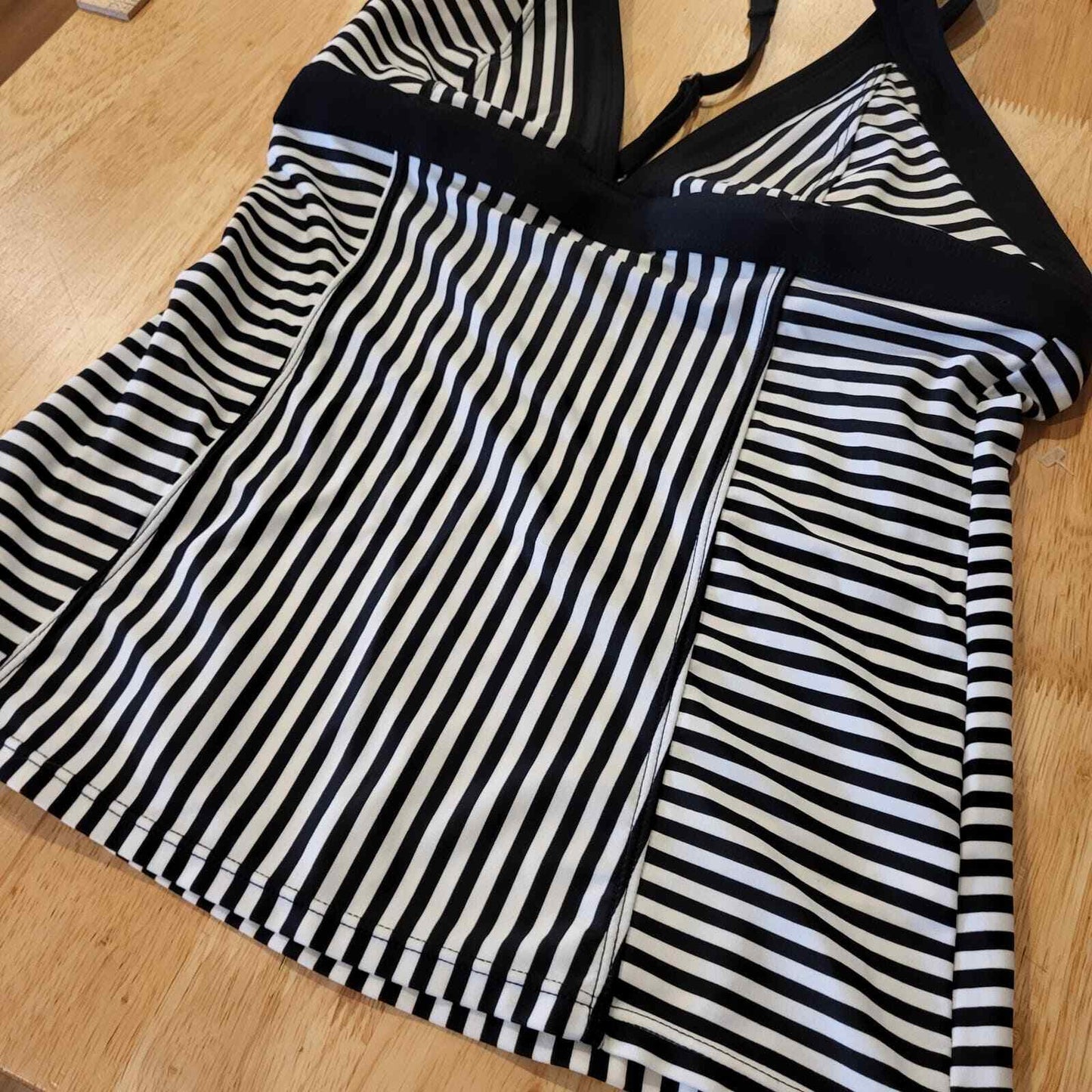 Athleta swim top striped black and white triangle strap metal clasp full 