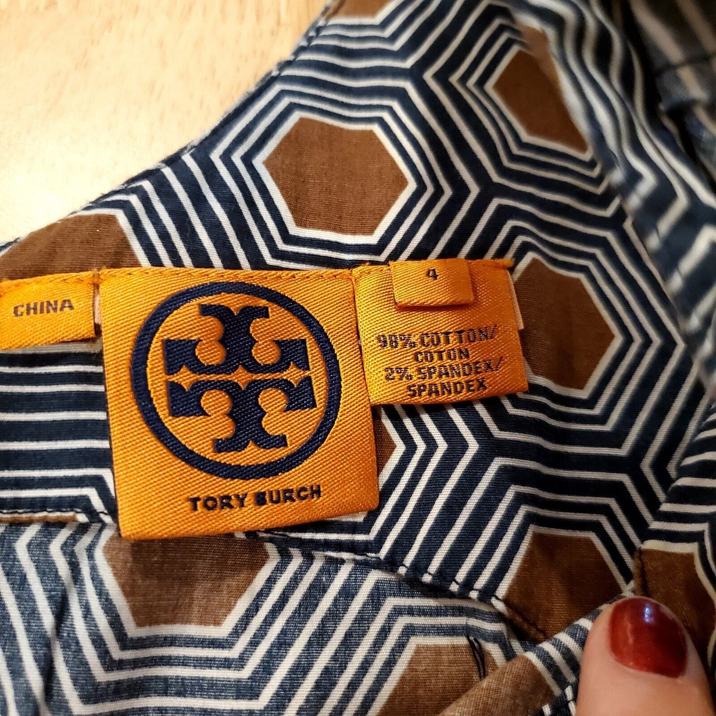 Geometric Tory Burch Sleeveless Blouse Cotton Pleated detail Blue brown