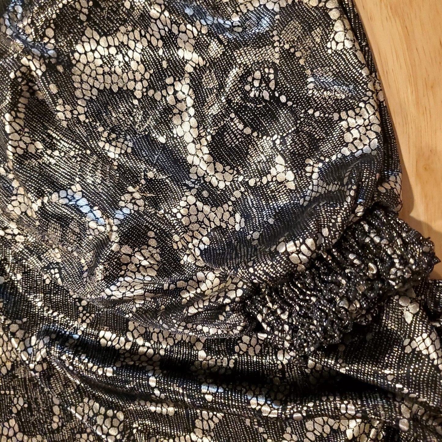 Vintage Silver Metallic Elastic Gather Waist Lace Print Ballon Sleeve Blouse Med